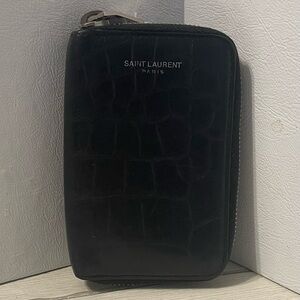 Saint Laurent Black Croc-Embossed Zip Around Card and Key Case